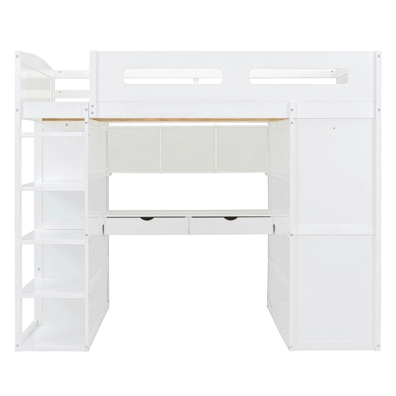 Full Size Wood Loft Bed with Desk, Wardrobes,Drawers and Shelves