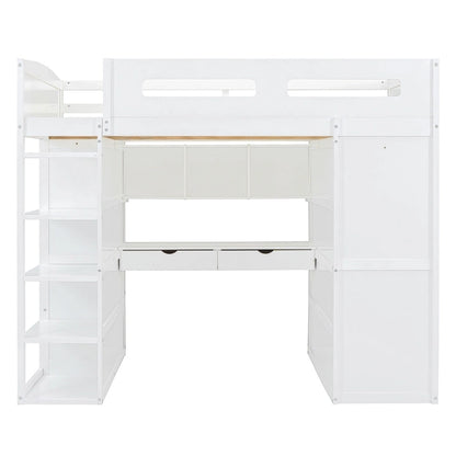 Full Size Wood Loft Bed with Desk, Wardrobes,Drawers and Shelves