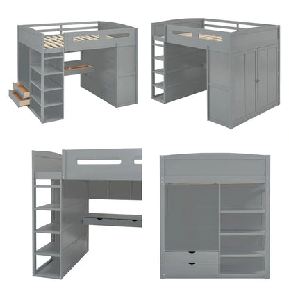 Full Size Wood Loft Bed with Desk, Wardrobes,Drawers and Shelves