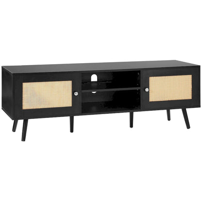 Rattan TV Stand, Mid Century Modern TV Stand, Boho Rattan TV Cabinet with Build-in Socket and USB Ports, Adjustable Shelfs