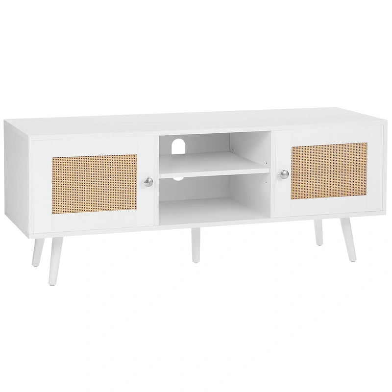 Rattan TV Stand, Mid Century Modern TV Stand, Boho Rattan TV Cabinet with Build-in Socket and USB Ports, Adjustable Shelfs