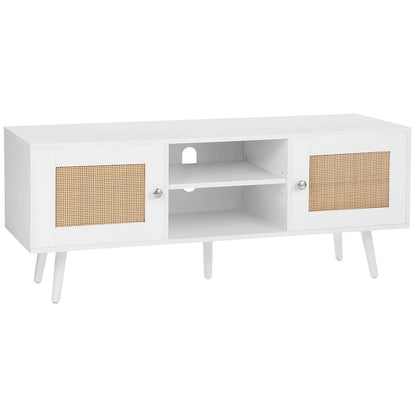 Rattan TV Stand, Mid Century Modern TV Stand, Boho Rattan TV Cabinet with Build-in Socket and USB Ports, Adjustable Shelfs