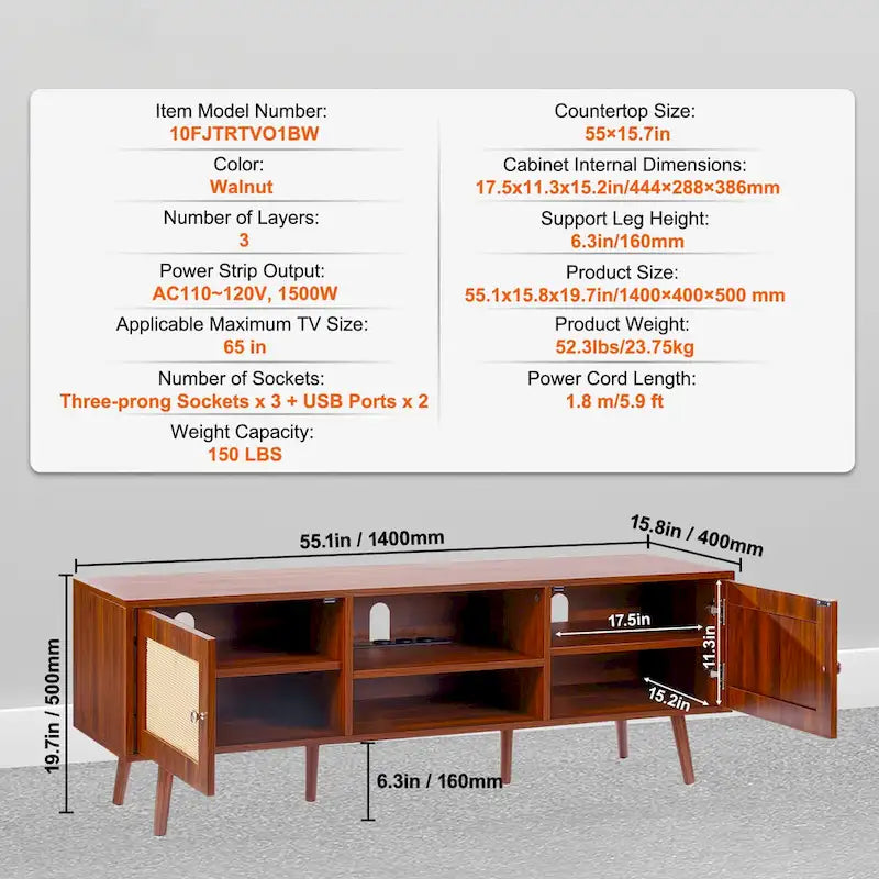 Rattan TV Stand, Mid Century Modern TV Stand, Boho Rattan TV Cabinet with Build-in Socket and USB Ports, Adjustable Shelfs
