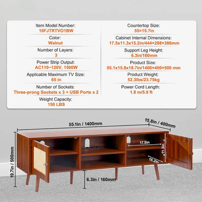 Rattan TV Stand, Mid Century Modern TV Stand, Boho Rattan TV Cabinet with Build-in Socket and USB Ports, Adjustable Shelfs