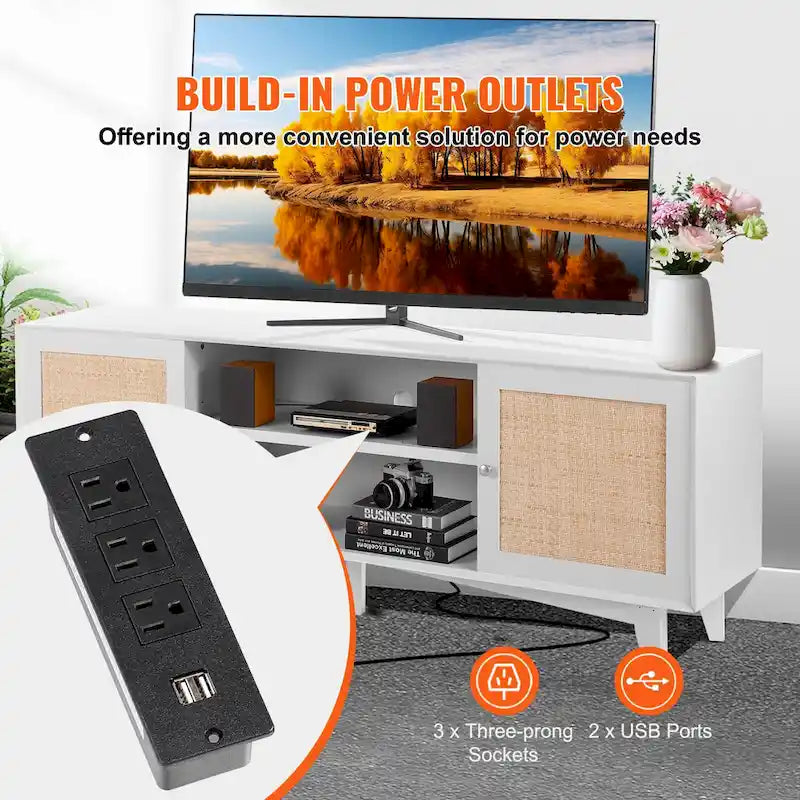 Rattan TV Stand, Mid Century Modern TV Stand, Boho Rattan TV Cabinet with Build-in Socket and USB Ports, Adjustable Shelfs