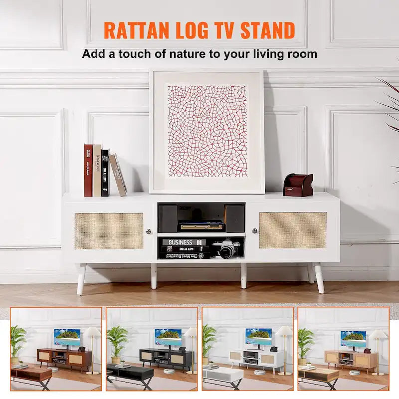 Rattan TV Stand, Mid Century Modern TV Stand, Boho Rattan TV Cabinet with Build-in Socket and USB Ports, Adjustable Shelfs