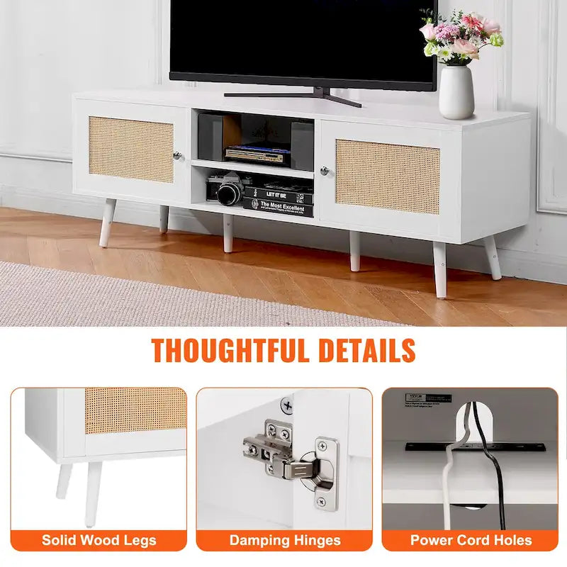 Rattan TV Stand, Mid Century Modern TV Stand, Boho Rattan TV Cabinet with Build-in Socket and USB Ports, Adjustable Shelfs