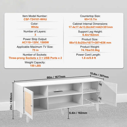 Rattan TV Stand, Mid Century Modern TV Stand, Boho Rattan TV Cabinet with Build-in Socket and USB Ports, Adjustable Shelfs