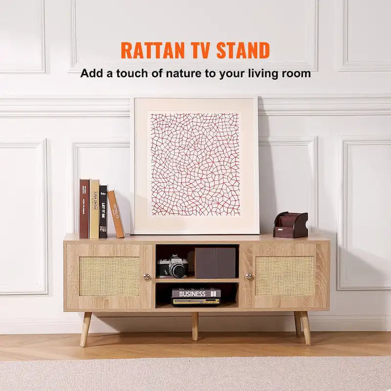 Rattan TV Stand, Mid Century Modern TV Stand, Boho Rattan TV Cabinet with Build-in Socket and USB Ports, Adjustable Shelfs
