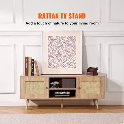 Rattan TV Stand, Mid Century Modern TV Stand, Boho Rattan TV Cabinet with Build-in Socket and USB Ports, Adjustable Shelfs