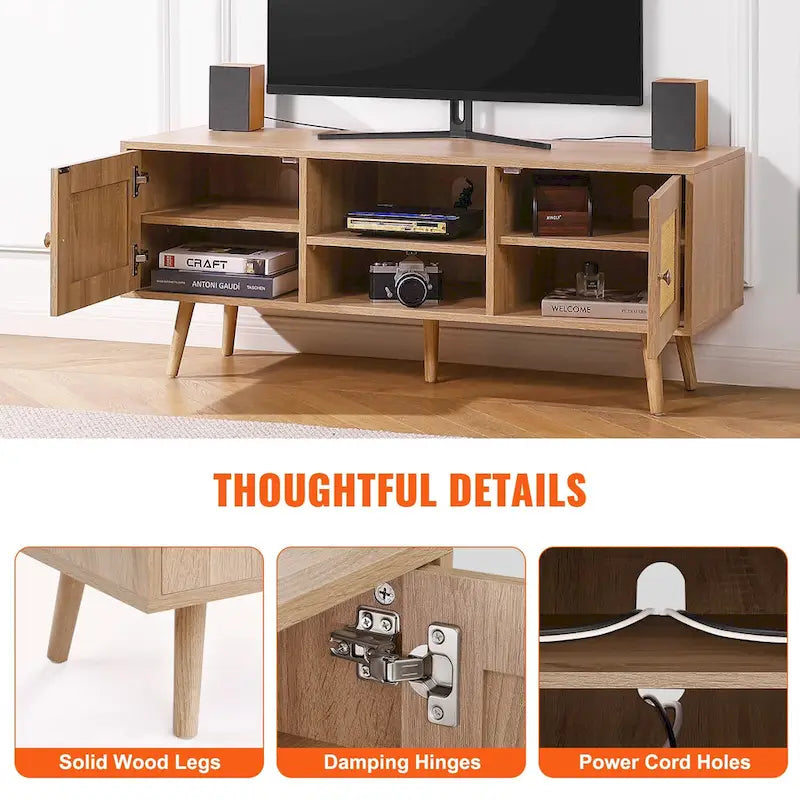 Rattan TV Stand, Mid Century Modern TV Stand, Boho Rattan TV Cabinet with Build-in Socket and USB Ports, Adjustable Shelfs