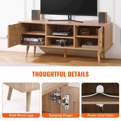Rattan TV Stand, Mid Century Modern TV Stand, Boho Rattan TV Cabinet with Build-in Socket and USB Ports, Adjustable Shelfs