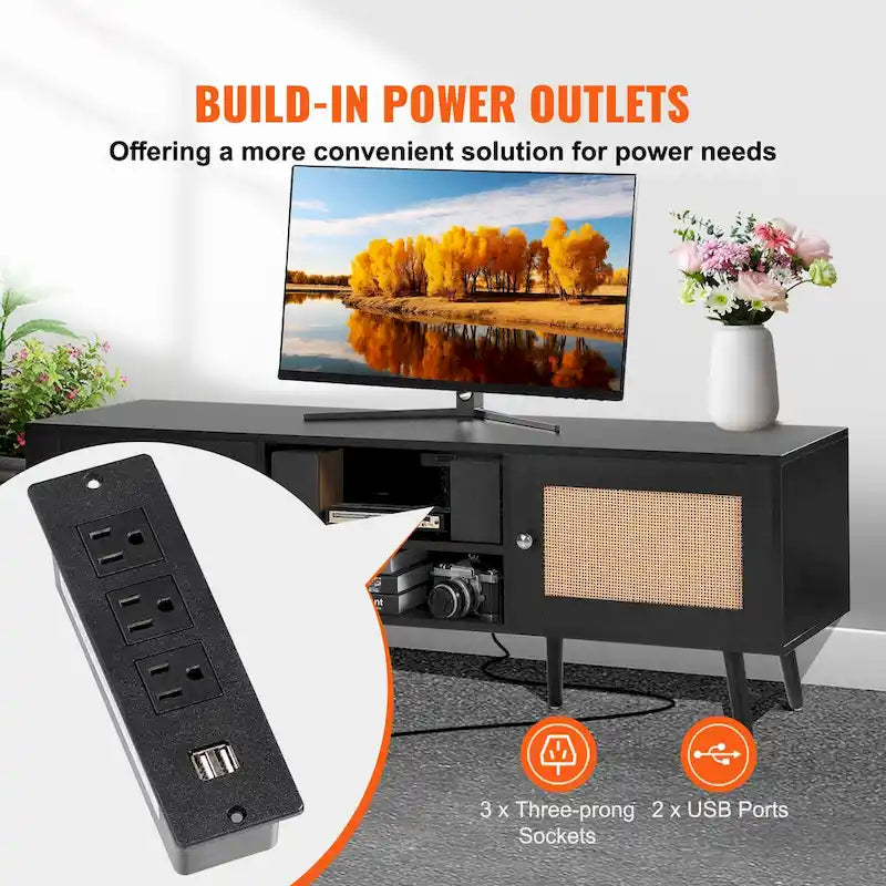 Rattan TV Stand, Mid Century Modern TV Stand, Boho Rattan TV Cabinet with Build-in Socket and USB Ports, Adjustable Shelfs