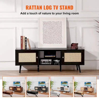 Rattan TV Stand, Mid Century Modern TV Stand, Boho Rattan TV Cabinet with Build-in Socket and USB Ports, Adjustable Shelfs