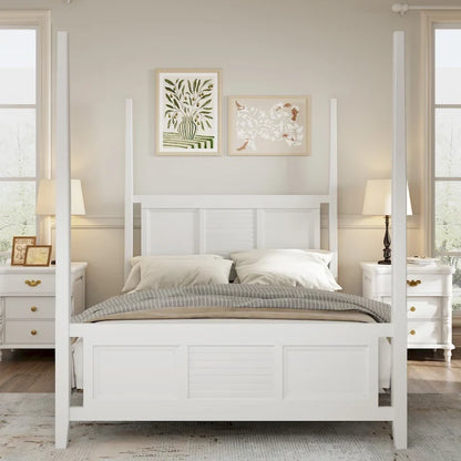 Roomfitters King Size Poster Bed, Solid Wood Frame, Horizontal Grille Design, White