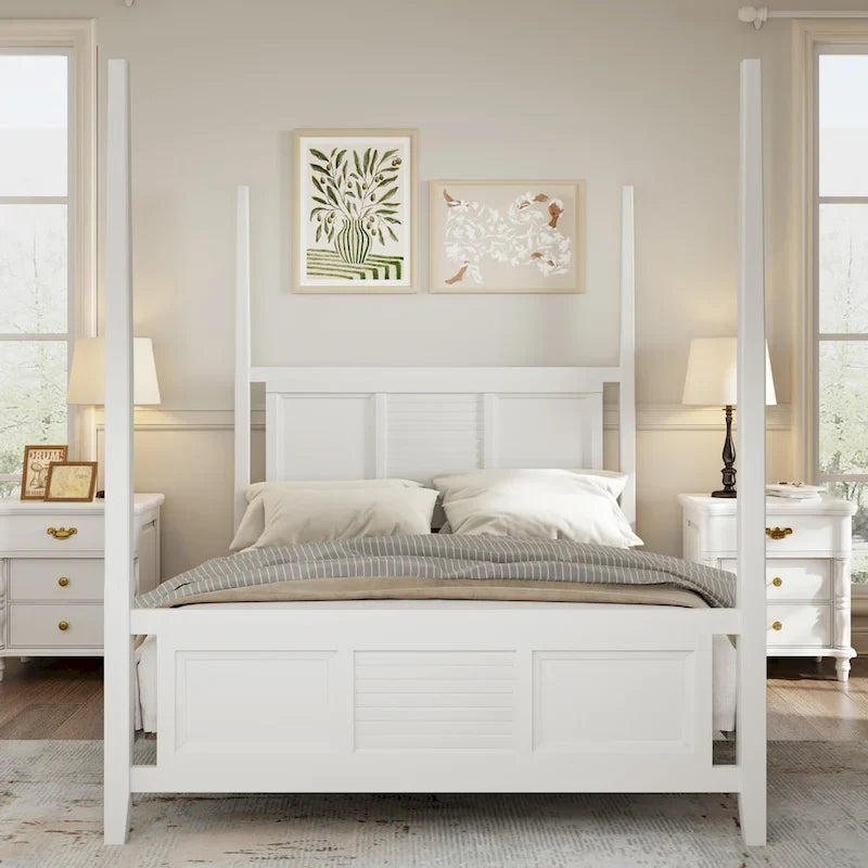 Roomfitters King Size Poster Bed, Solid Wood Frame, Horizontal Grille Design, White