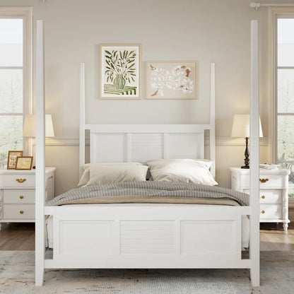 Roomfitters King Size Poster Bed, Solid Wood Frame, Horizontal Grille Design, White