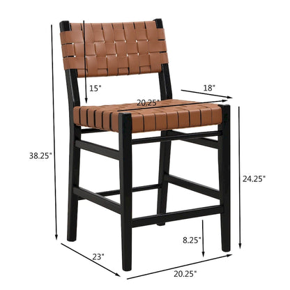 Roomfitters PU Leather Counter Stools, Set of 2 Bar Height Chairs with Woven Back and Rubberwood Frame, Black Brown