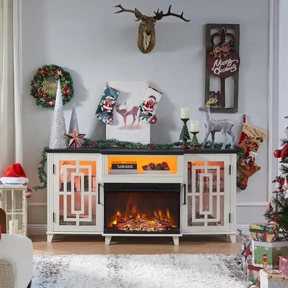 Farmhouse 3-Sided Glass Fireplace TV Stand for 75 TV, Media Console