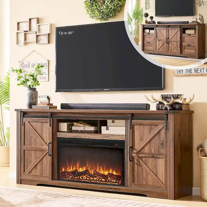 Farmhouse Fireplace TV Stand for 80 Inch TV, Entertainment Center