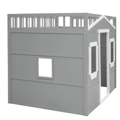 House Loft Bed With Ladder-Gray+White Frame
