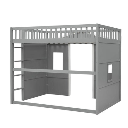 House Loft Bed With Ladder-Gray+White Frame