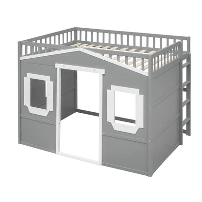 House Loft Bed With Ladder-Gray+White Frame