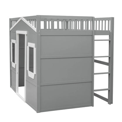 House Loft Bed With Ladder-Gray+White Frame