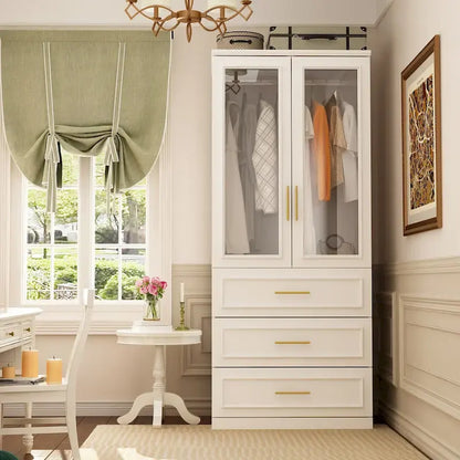 White Wardrobe Armoire Closet: Double - glass - door Design with Gold Handles and a Hanging Rod, Ideal for Organizing Clothes