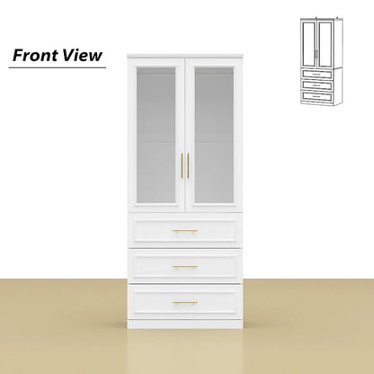 White Wardrobe Armoire Closet: Double - glass - door Design with Gold Handles and a Hanging Rod, Ideal for Organizing Clothes