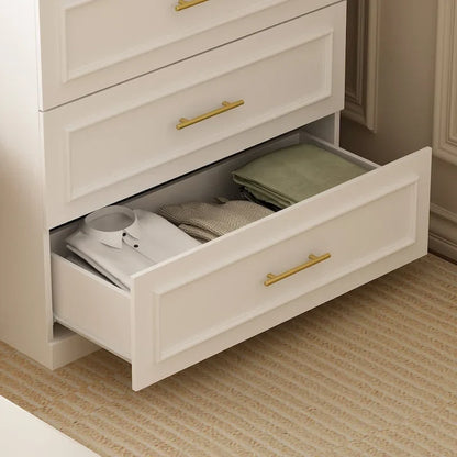 White Wardrobe Armoire Closet: Double - glass - door Design with Gold Handles and a Hanging Rod, Ideal for Organizing Clothes