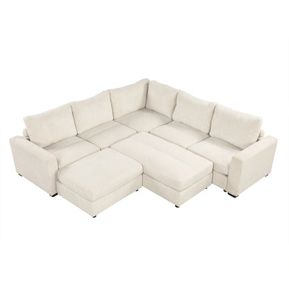 Corduroy Sectional Couch Sofa Bed, Modular Sofa with 2 Movable Ottomans Sleeper Recliner Sofa Couch for Living Room