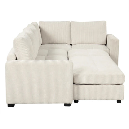 Corduroy Sectional Couch Sofa Bed, Modular Sofa with 2 Movable Ottomans Sleeper Recliner Sofa Couch for Living Room
