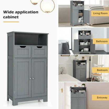 Gymax Bathroom Floor Cabinet Wooden Storage Organizer w/Drawer Doors - See Details