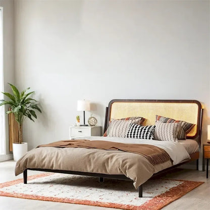 Queen Size Wood Storage Platform Bed with LED Light,Rattan Headboard