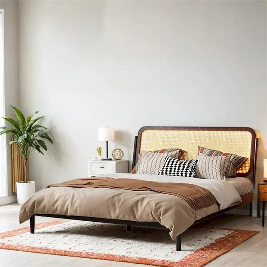 Queen Size Wood Storage Platform Bed with LED Light,Rattan Headboard