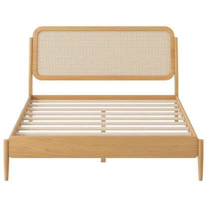 Queen Size Wood Storage Platform Bed with LED Light,Rattan Headboard