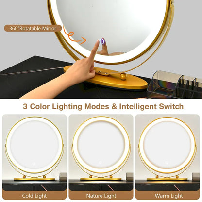 Costway Vanity Table Stool Set Dimmer LED Mirror Large Storage Cabinet - See details