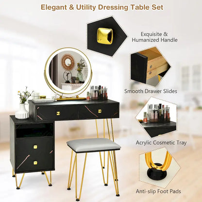 Costway Vanity Table Stool Set Dimmer LED Mirror Large Storage Cabinet - See details