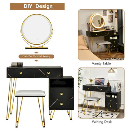 Costway Vanity Table Stool Set Dimmer LED Mirror Large Storage Cabinet - See details