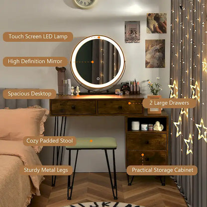 Costway Vanity Table Stool Set Dimmer LED Mirror Large Storage Cabinet - See details