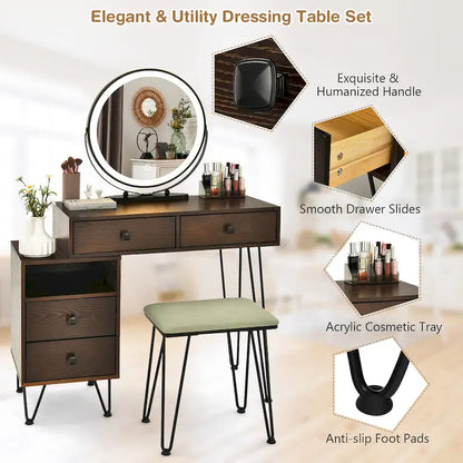 Costway Vanity Table Stool Set Dimmer LED Mirror Large Storage Cabinet - See details