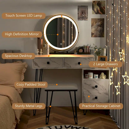 Costway Vanity Table Stool Set Dimmer LED Mirror Large Storage Cabinet - See details