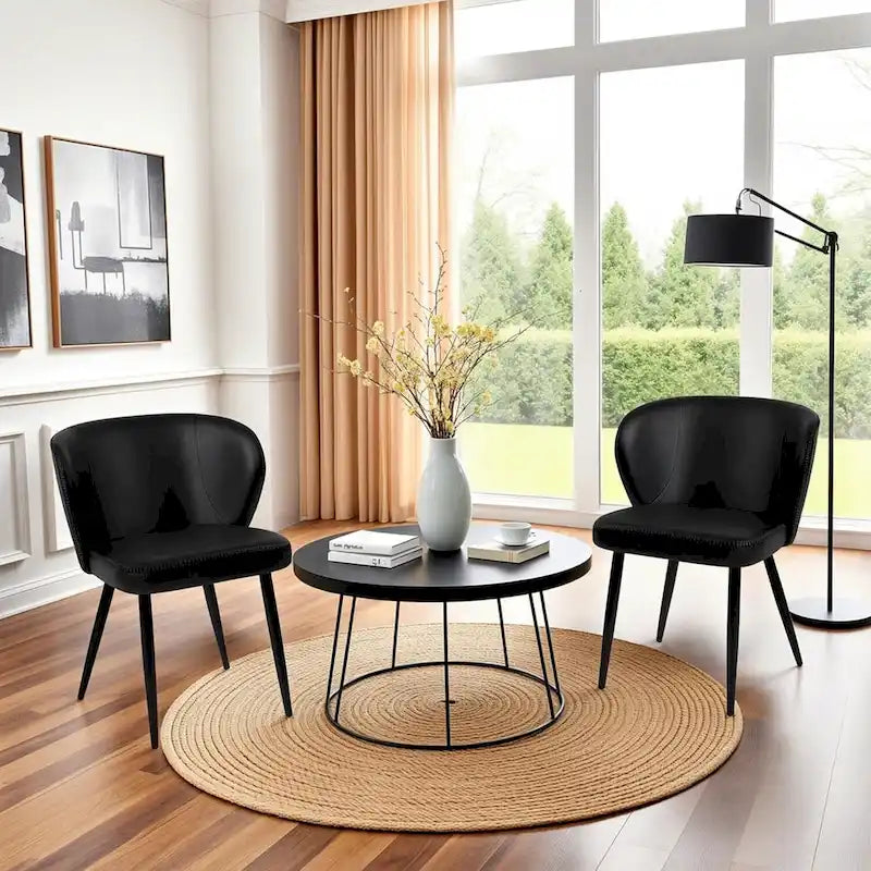 Upholstered Kitchen Chairs with Faux Leather Cushion Seat and Metal Legs, Mid Century, Black,Set of 2