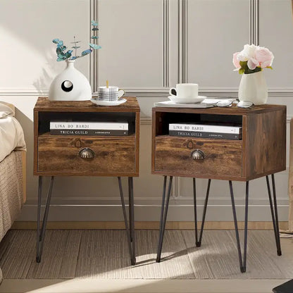 Modern Mid Century 1-Drawer Hairpin Nightstands, Brown/Blue/Black/Yellow, Four Options