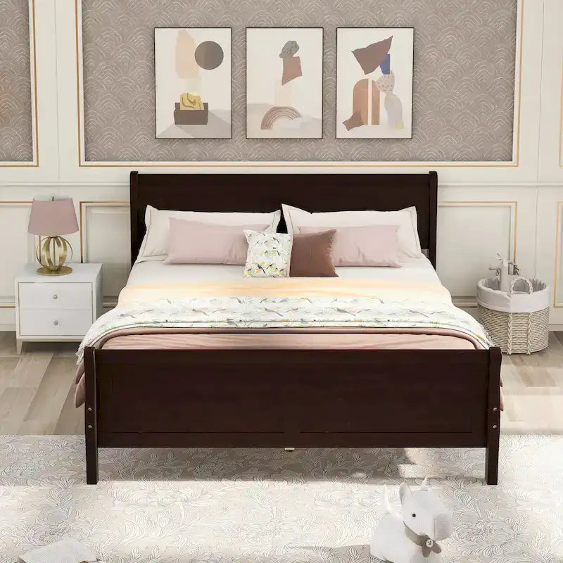 Full Size Wood Platform Bed with Headboard and Wooden Slat Support, White