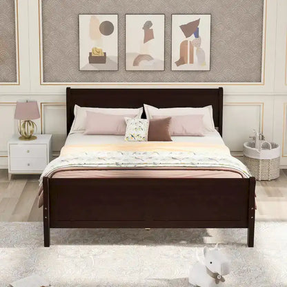 Full Size Wood Platform Bed with Headboard and Wooden Slat Support, White