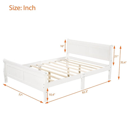 Full Size Wood Platform Bed with Headboard and Wooden Slat Support, White