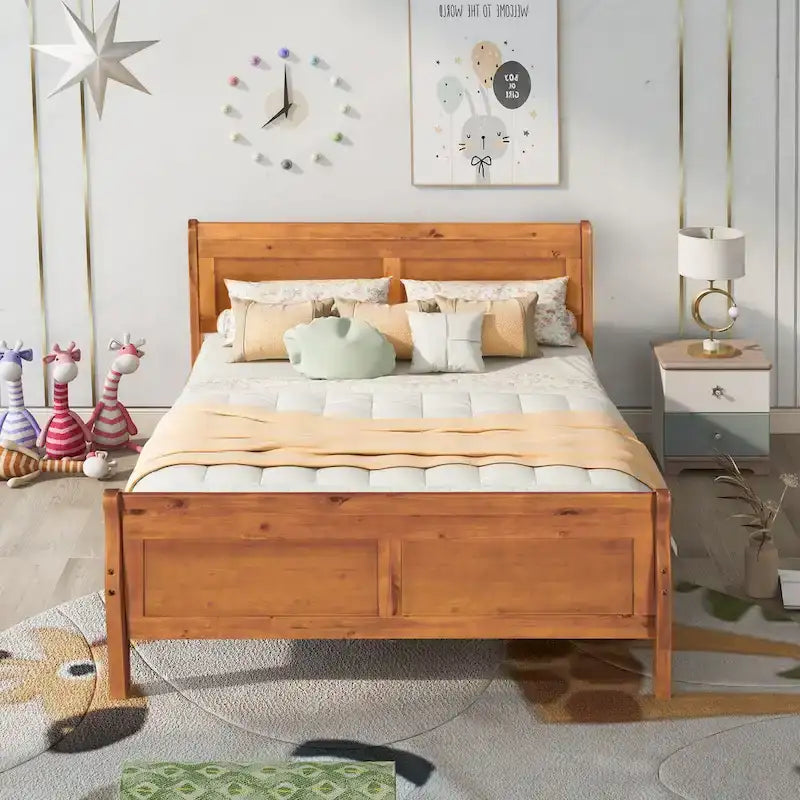 Full Size Wood Platform Bed with Headboard and Wooden Slat Support, White