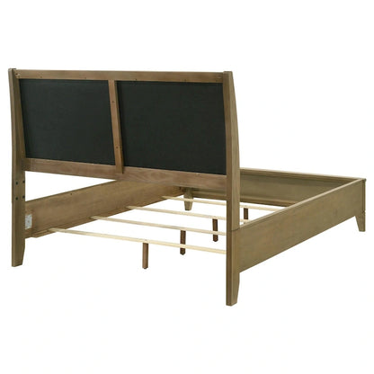 Heon Queen Bed, Block Panel Headboard, Ivory Upholstery, Pine Wood